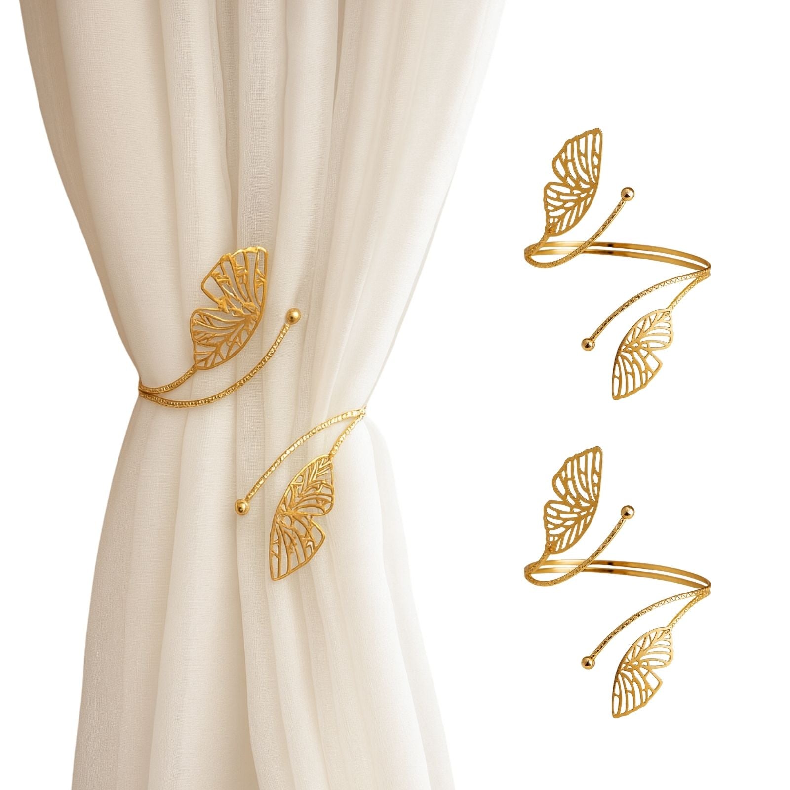 Kit 02 Prendedores de cortina Luxo Asas de Borboleta Dourada Aro Recartilhado